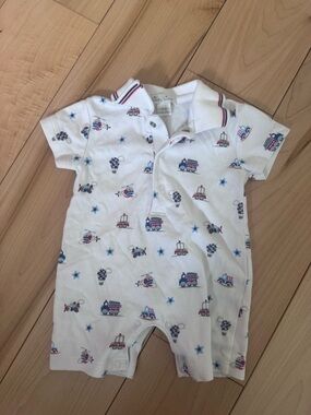 Kissy Kissy White Polo Romper with Blue & Red Vehicle Prints